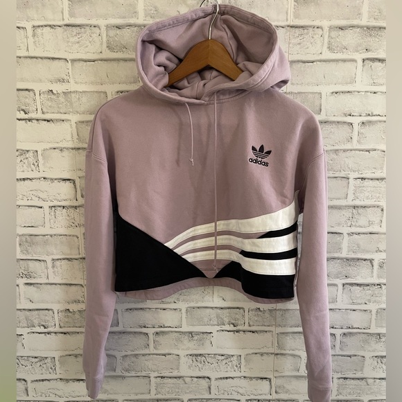 adidas Tops - Women’s Adidas purple logo stripe sweatshirt cropped hoodie XS